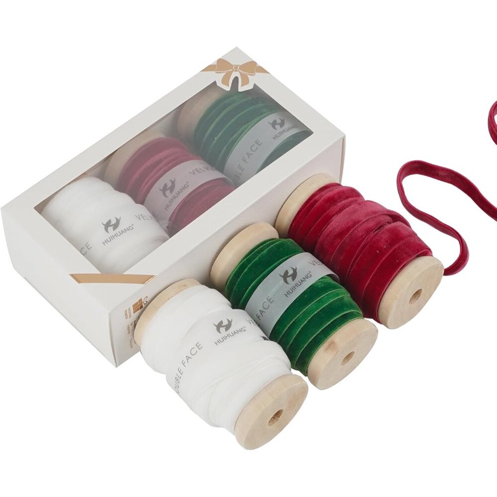 Velvet Ribbon 3/8 inch Double Face Red/White/Green Velvet Ribbon Set for Gift Wr